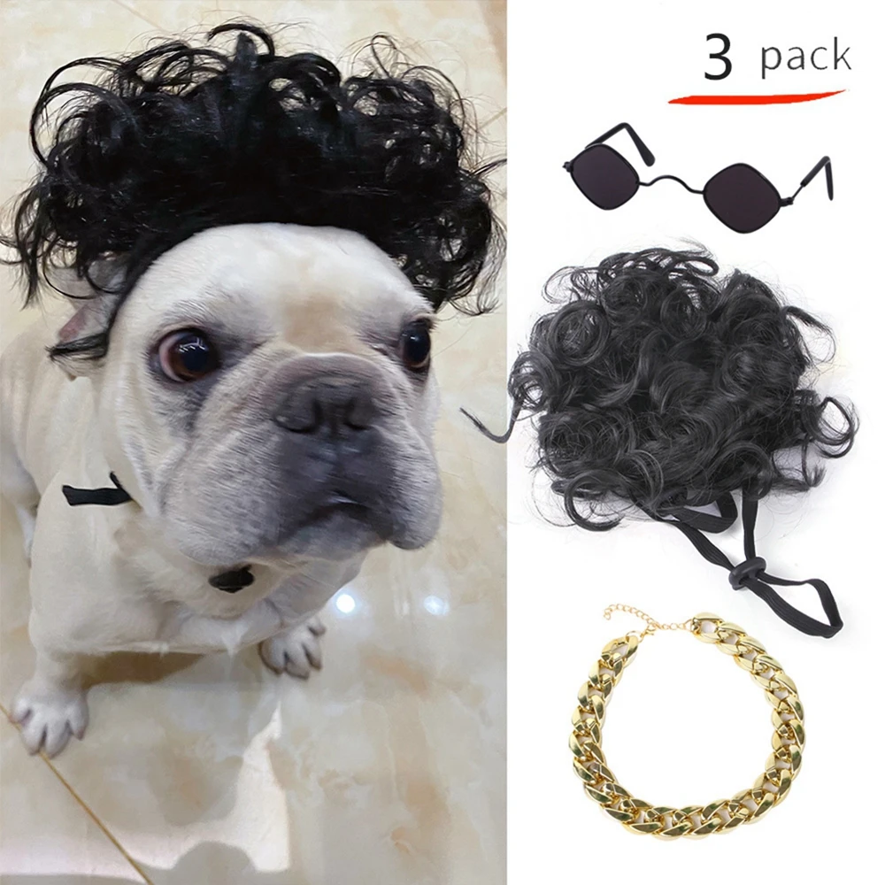

3Pack Pet Costume Accessories Pet Sunglasses and Wig Hat with Faux Gold Chain Collar for Cat Puppy Dog Birthday Cosplay Party