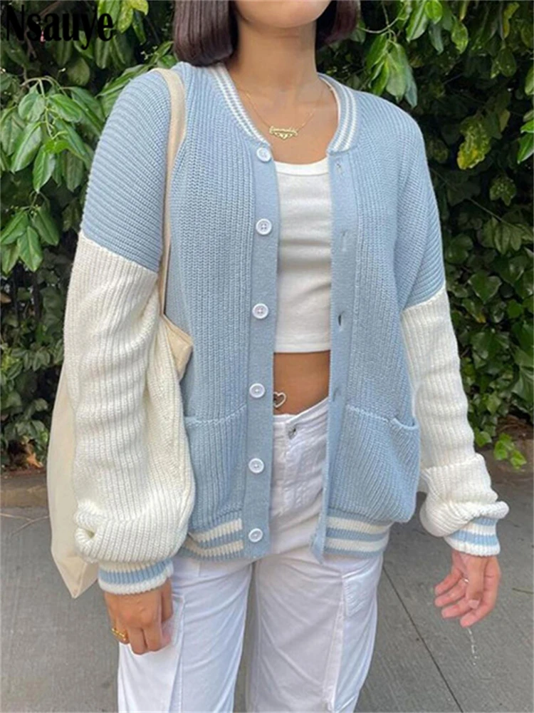 

Nsauye Fashion Patchwork Long Sleeve V Neck Sweater Cardigan Women 2022 Autumn Winter Casual Button Y2K Female Knitted Outerwear