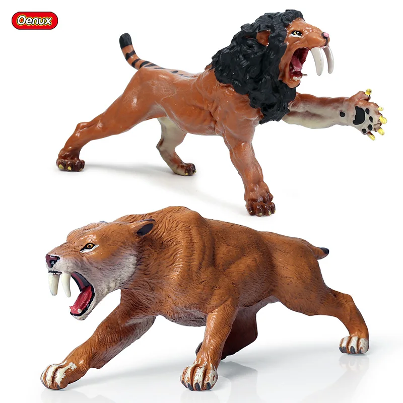 Oenux Classic Wild Saber-toothed Tiger Action Figure Savage Cat Tiger Saber-toothed Lion Animals Model Educational Toy For Kids