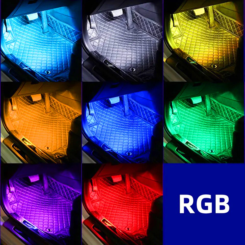 Фото Комплект из 4 светодиодных светильников для салона автомобиля - RGB, питание от USB, красочные подсветки для ног с синхронизацией с музыкой для улучшения атмосферы, Рождество №3