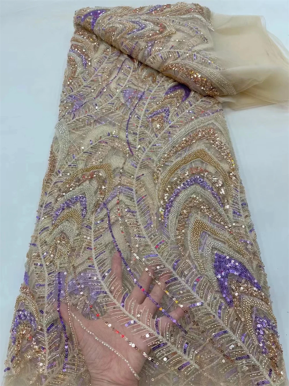 

Luxury Hand Beaded Lace Fabric Bridal Lilac Lace High Quality African Lace For Wedding Dress Sew French Tulle Net Sequin JJ0019