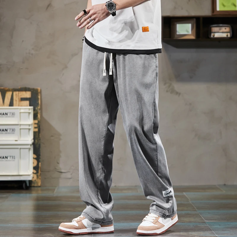 Summer Men's Jeans Soft Lyocell Fabric Thin Loose wide-leg Straight Pants  Elastic Waist Casual Trousers Sweat Pants Size M-6xl