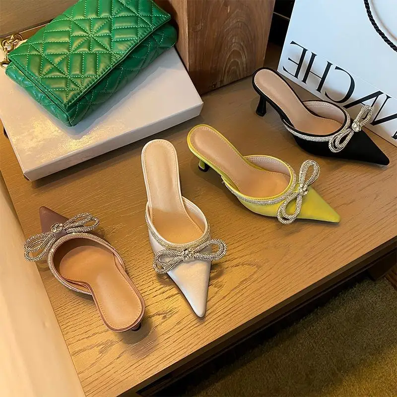 

Rhinestone bow Baotou bag slippers women's summer 2022 fine heel pointed lazy sandals and slippers wear Muller shoes