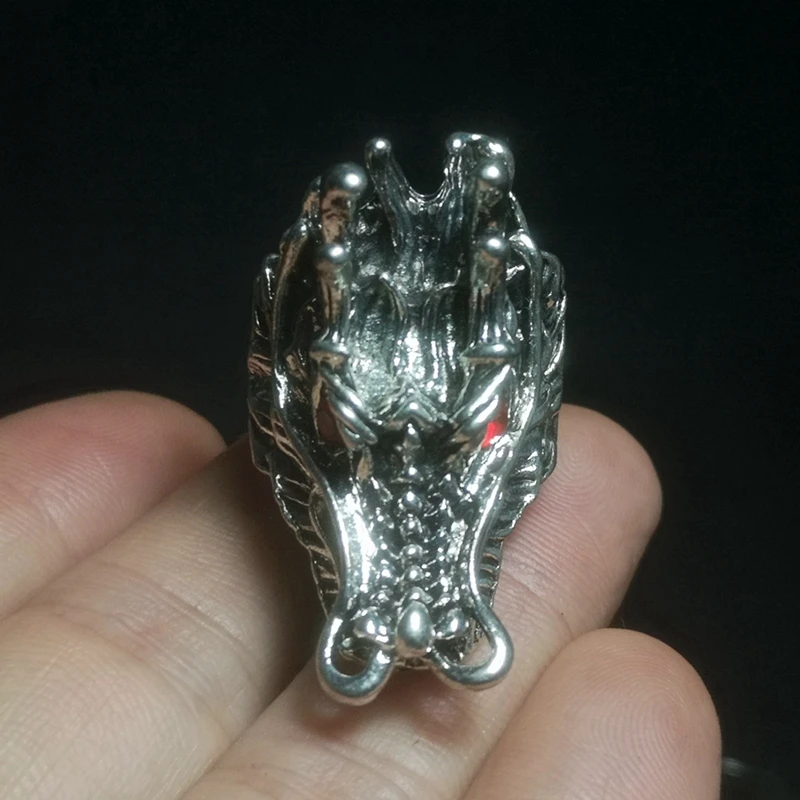 

Collection Chinese Tibet Silver Carvings Force Dragon Head Statue Ring Trinket