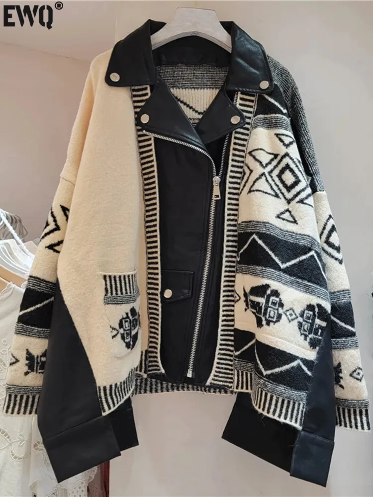 

[EWQ] Streetwear 2023 Autumn Winter New Heavy Stitching PU Leather Personality Fashion Loose Sweater Coat Jacket Women 16U5694