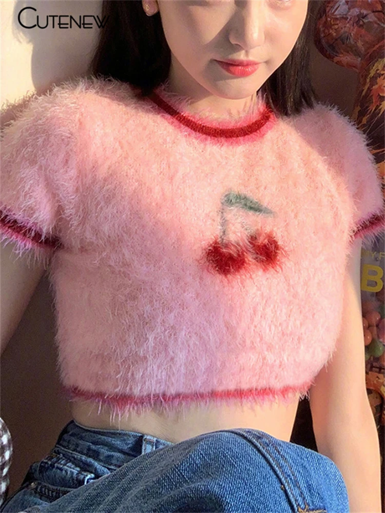 

Милые летние розовые милые футболки Cutenew с круглым вырезом и коротким рукавом для девушек 2021, повседневный облегающий кроп-топ, модная женск...