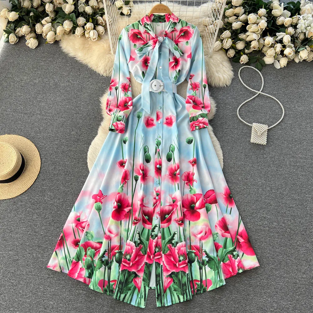 2023 New Spring Runway Gorgeous Flower Dress Women's Bow Collar Long Sleeve Floral Print Belt Single Breasted Maxi Vestidos