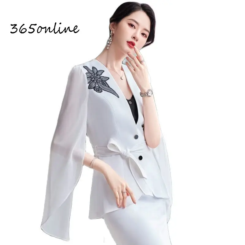 White Formal Women Business Suits with Pants and Tops Half Sleeve Spring Summer Office Work Wear Pantsuits Blazers Trousers Set