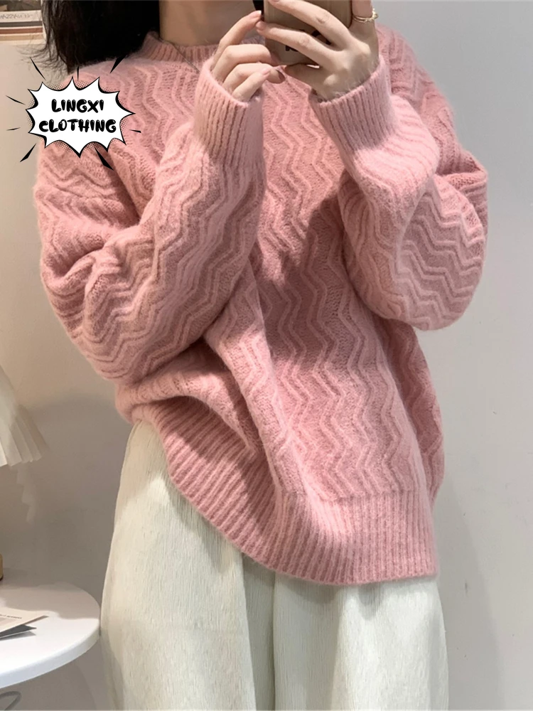 

Korean Version Sweet Sweater Girl 2023 Autumn/Winter New Loose Round Neck Long Sleeve Warm Imitation Wool Knit Pullover