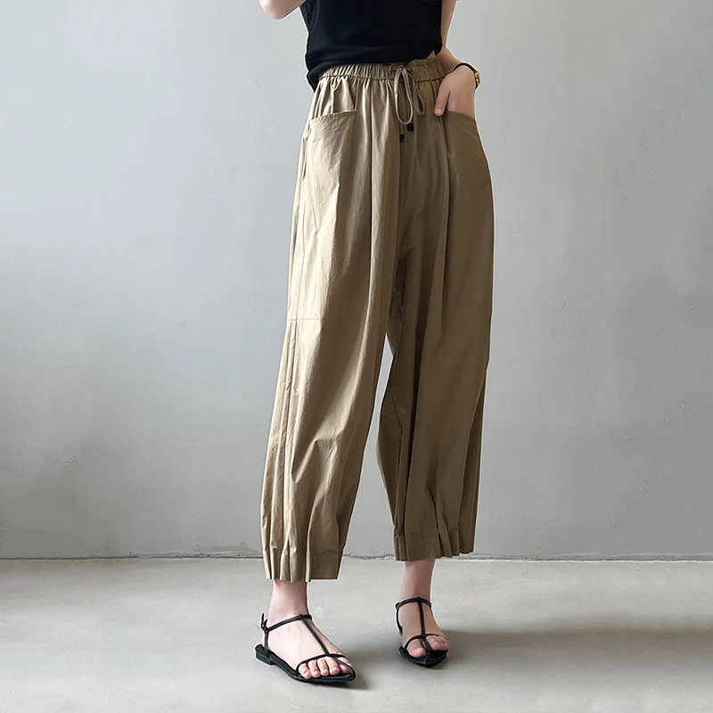 

2023 Summer New Women's Pants Vintage Wide Leg Cropped Pleats Hems Design 9693