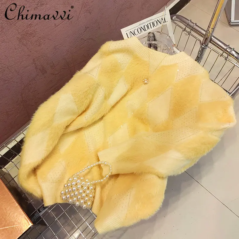 

Ladies New Heavy High Quality Square Rhinestone Mink Velvet Round Neck Sweater Fashion Thickened Knitwear Women's Pullover