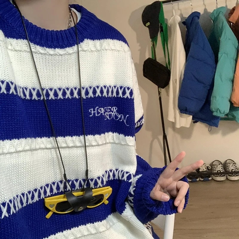 Hong Kong Style Design Contrast Color Striped Sweater Men's Autumn and Winter Lazy Casual Couple Loose Round Neck Sweater
