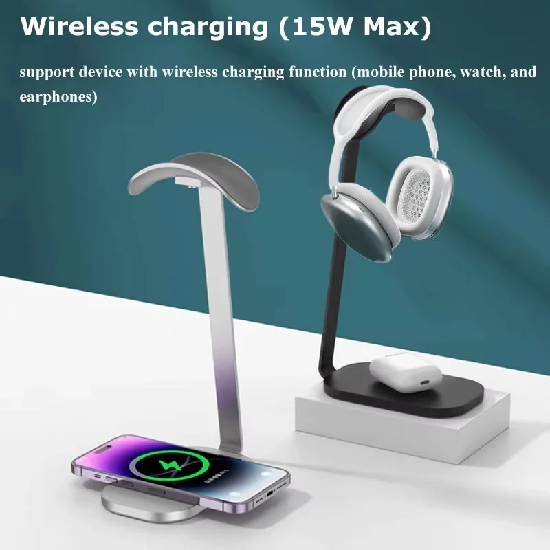 Фото Беспроводное зарядное устройство 15 Вт для AirPods Max/Pro 3 в 1, алюминиевая подставка для наушников Ps5, держатель для наушников, дисплей станции для гарнитуры №3