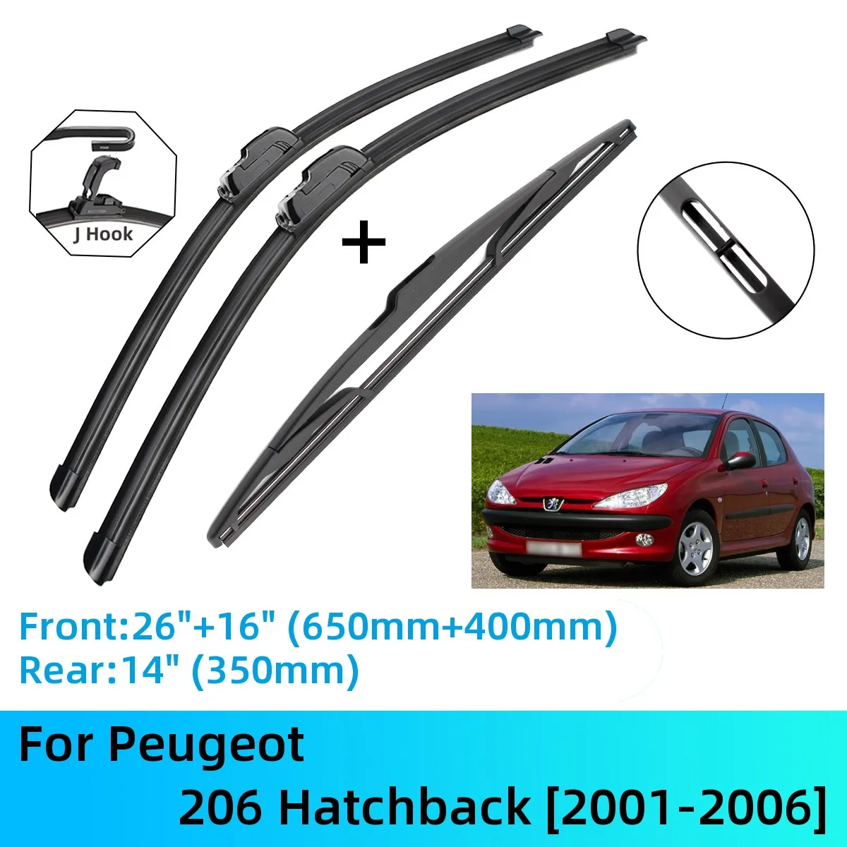 

Щетки стеклоочистителя для хэтчбека Peugeot 206, спереди и сзади, аксессуары для резака, J U-образный крюк 2001-2006, 2001, 2002, 2003, 2004, 2005, 2006