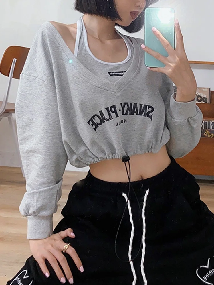 

Retro Graffiti Print Letter T Shirt Women Long Sleeve Two Piece Tops Halter Tank+ Pullovers Grunge Aesthetic Tee Tops Y534