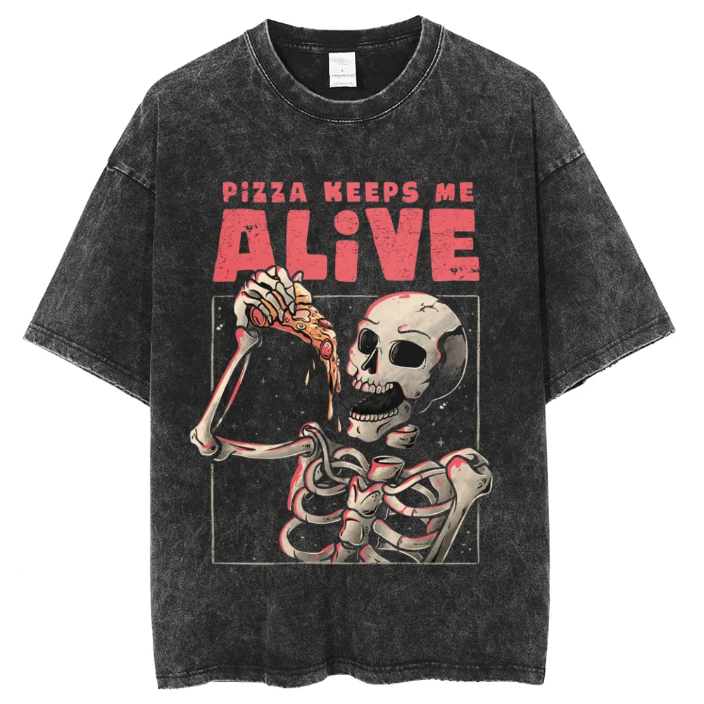 

Anime Skull Alive Creative Graphic Print Washed Men's T shirt, Oversized Hip Hop Streetwear, 100% Cotton Four Seasons Tops Tees
