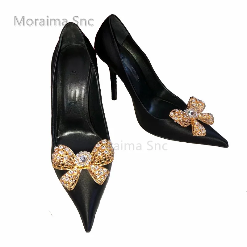Rhinestone Bow Buckle Black Satin High Heels Female Stiletto Temperament Sexy Pointed Toe Women's Pumps Shallow Single Shoes