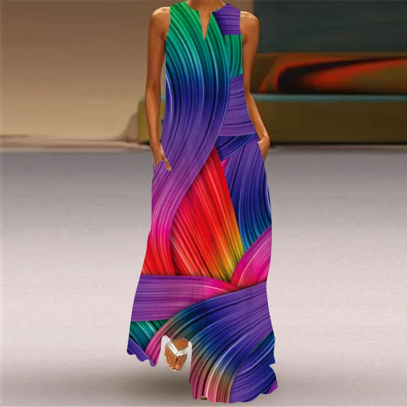 

2021 Summer New Style Dress European and American Retro Print Long Skirt V-neck Multicolor Long Sexy Sleeveless