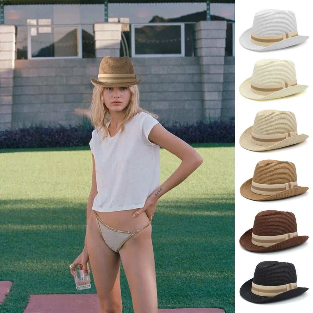 

Men Women Straw Classical Retro Homburg Hats Bowtie Band Fedora Caps Trilby Sunhat Jazz Summer Adjustable Size M-L 7 1/8-7 3/8