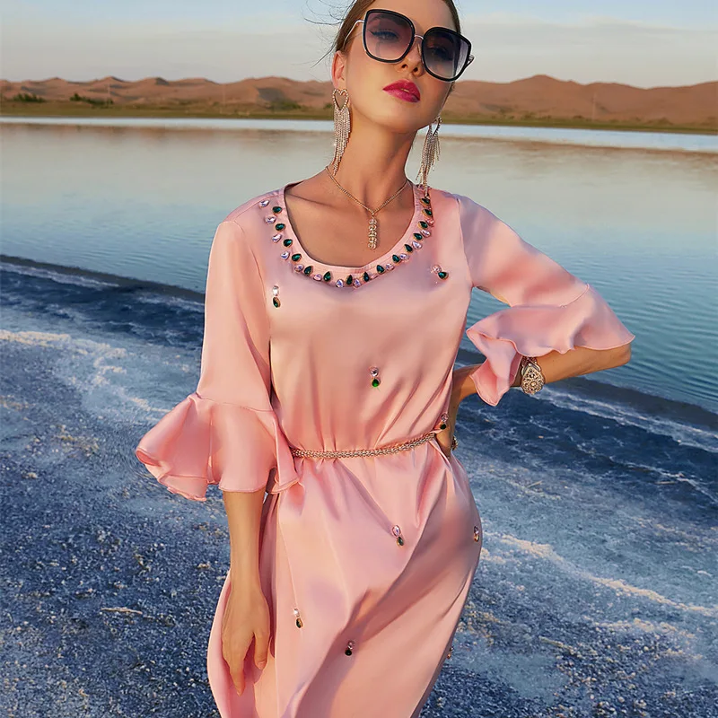Women Fashion Solid Pink Color Satin Long Dressses Diamond Butterfly Sleeve Delicate Elegant Lady's Vestidos Mujeres