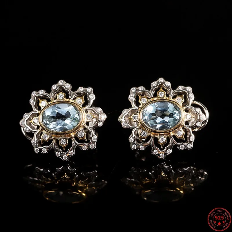 

S925 Sterling Silver Earrings for Women 2023 New Women's Fashion Topaz Gold-planted Flowers Zircon Argentum Ear-Clip Jewelry