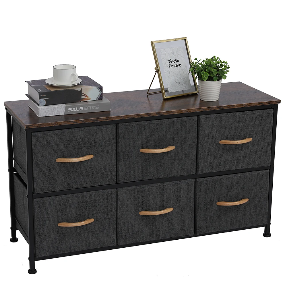 

3-Tier Wide Drawer Dresser, Storage Unit with 6 Easy Pull Fabric Drawers and Metal Frame, Wooden Tabletop for Closets, Nursery,