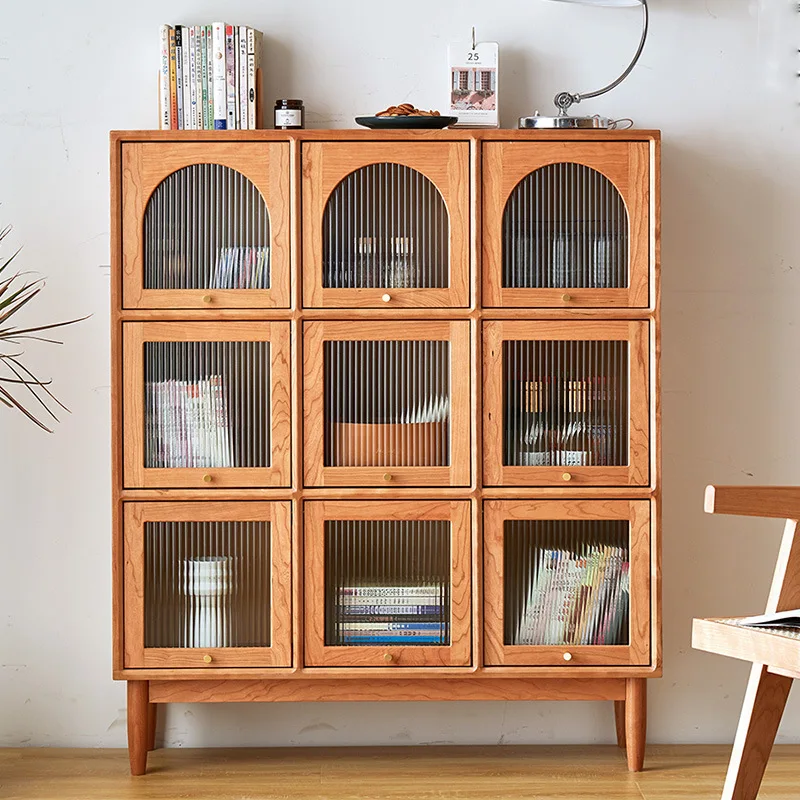 

Solid wood simple Nordic display cabinet Japanese modern checkered bookcase cherry wood study living room side cabinet