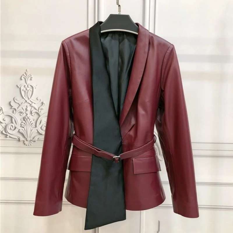 

Women genuine leather jacket office ladies belt red wine suit jackets asymmetrical splice short outerwear female sheepskin coat