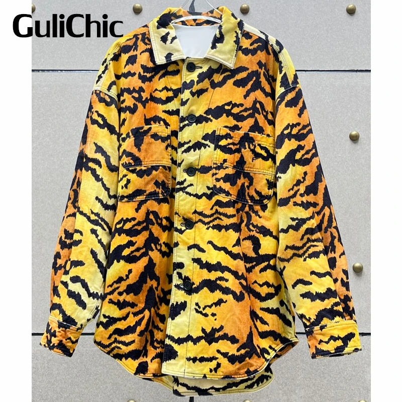 

9.18 GuliChic Women Street Tiger Striped Print Letter Embroidery Pocket Single Breasted Jacket