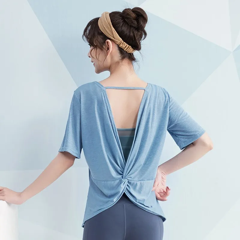 

Womens V-Neck Yoga Shirts Sexy Backless Quick Dry Running T-Shirts Short Sleeve Workout Gym Tees Loose Fitness Sports Tops