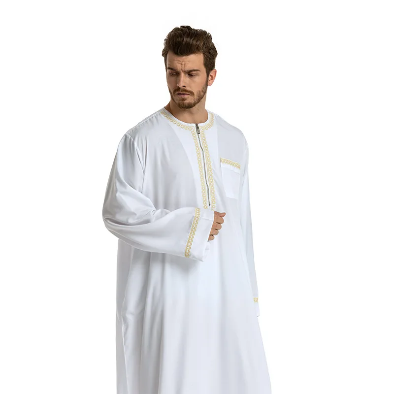 Wepbel Middle East Jubba Thobe Muslim Ethnic Loose Embroidered Crew Neck Robe Arab Men's Robe Islamic Arabic Kaftan Men Muslim