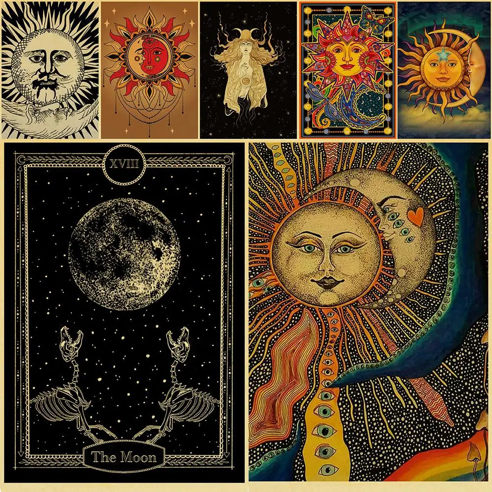 

Fantasy Tarot Cards Burning Sun Celestial Sun Moon Star Planet Home Bar Cafe Retro Art Kraft Poster Decor Wall Stickers