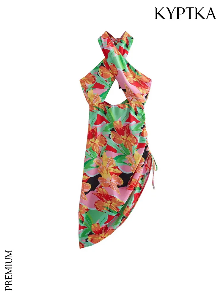 

Женское Асимметричное мини-платье KYPTKA, черное винтажное платье с цветочным принтом, с лямкой на шее и открытой спиной на лето 2019