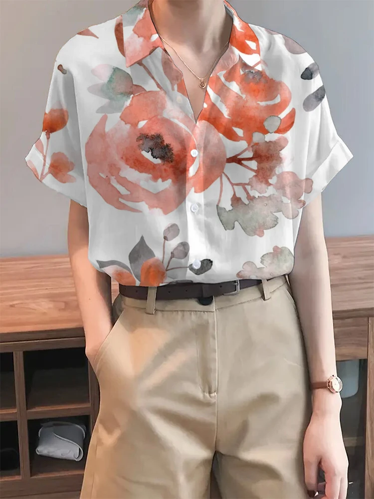 damska koszula z krótkim rękawem i klapami jednorzędowa modna letnia w kwiaty nadrukiem wygodna