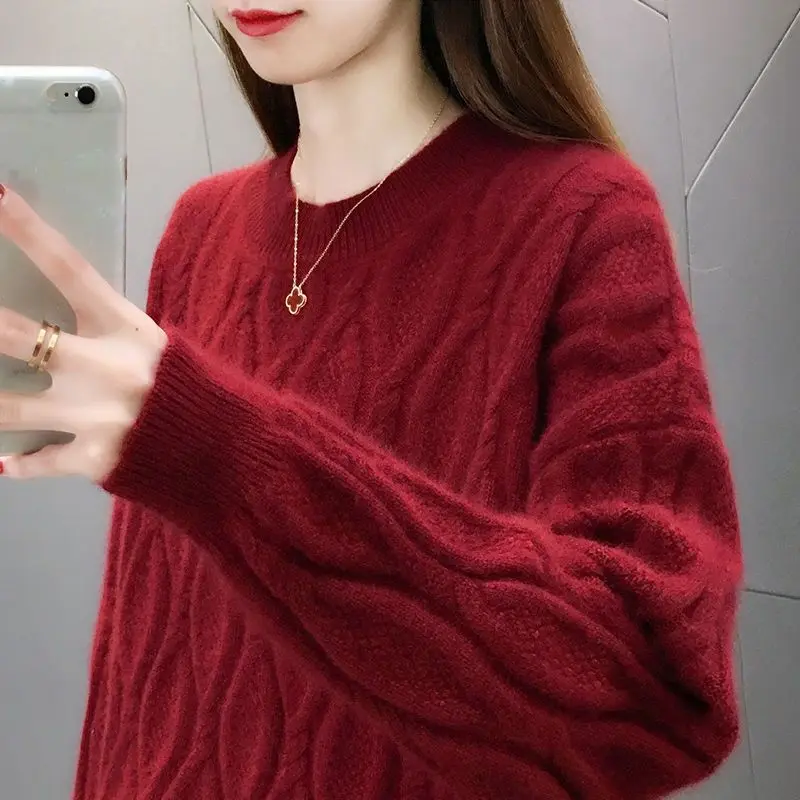 

High Quality Tops for Women Autumn Vintage Round Collar Knitted Loose-fitting Sweater Soft Girls Keep Warm Pullovers Jumper T677