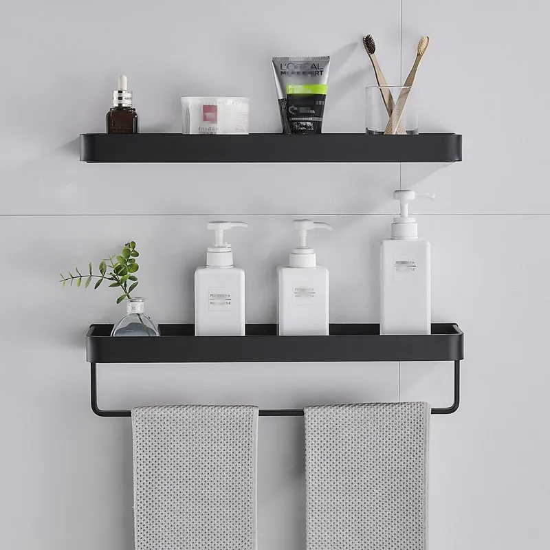 

Black Aluminum Towel Shelf Bathroom Storage Rack Wall-mounted Tray Rack Vanity Shower Caddy Rack Spice Organizer 30/40/50cm