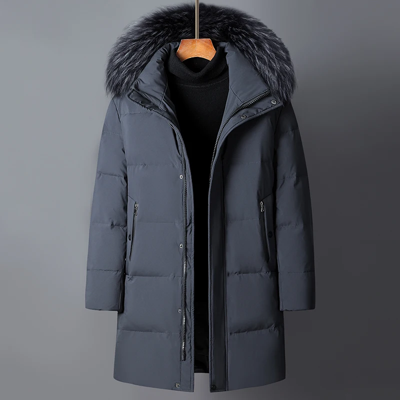 2022 Men's Down Jacket Mid-Length Winter Thick 90% White Duck Down Jacket Natural Animal Fur Collar Multi-Pockets Overcoat Men