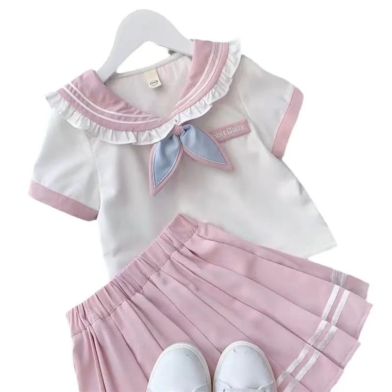 

Girls Skirt Student JK Suit Korean Version Short-sleeved Summer Dress Girl Sweet Shirt College Style Pleated Skirt Two-piece Set