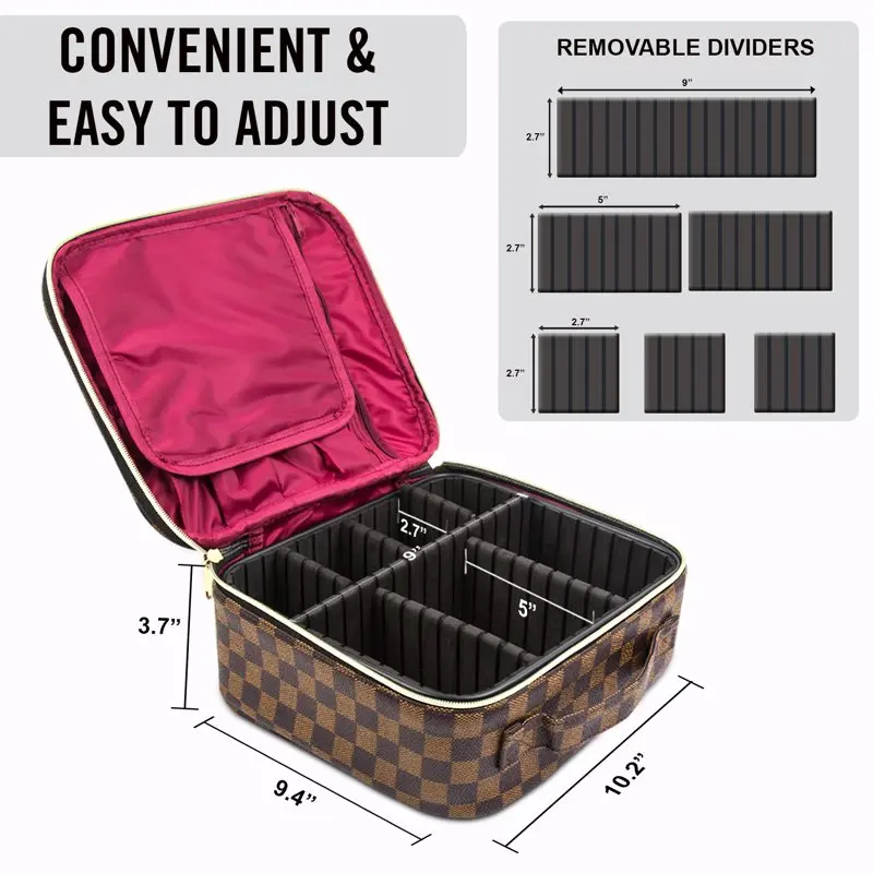 Checkered Makeup Organizer Cosmetic Bags Woman Portable Toiletry Travel Bag with Adjustable Partition For Tools , Jewelry ,Brown