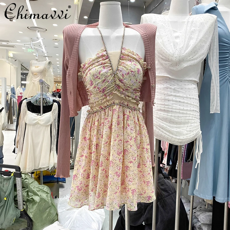 

Женское шифоновое платье на бретелях, элегантное платье с V-образным вырезом, открытой спиной и цветочным принтом, лето 2022