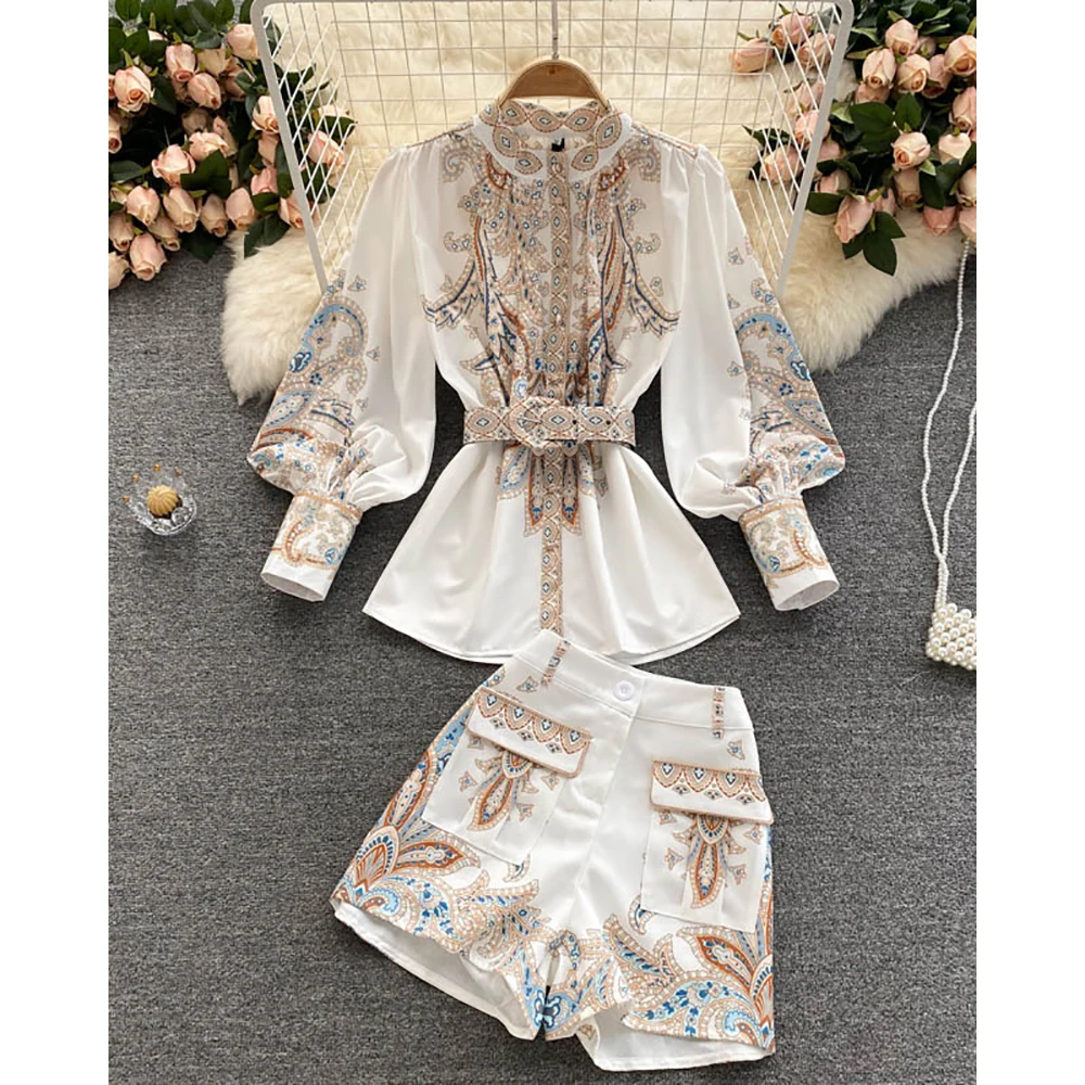 

Ninimour Women Lantern Sleeve Paisley Print Belted Top & Shorts Set Autumn Long Sleeve Casual Two Piece Suit 2022 Workwear Sets