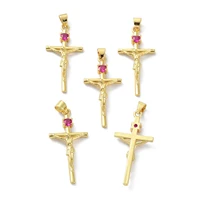 kissitty 10 pcs hot pink brass cubic zirconia cross with jesus pendants for necklace jewelry making findings