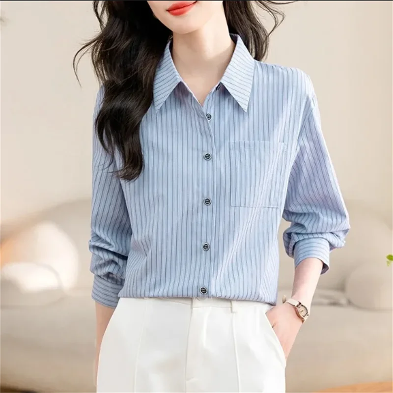 Полосатая рубашка для женщин блузки свободная профессиональная женская одежда