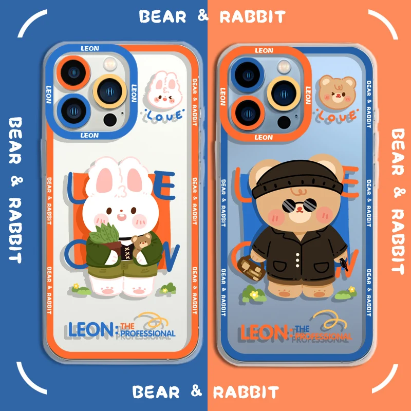

summer cute couple rabbit bear phone case For iPhone 13 12 mini 11 pro xs max X XR 6 7 8 plus Angel Eye Silicone Transparent