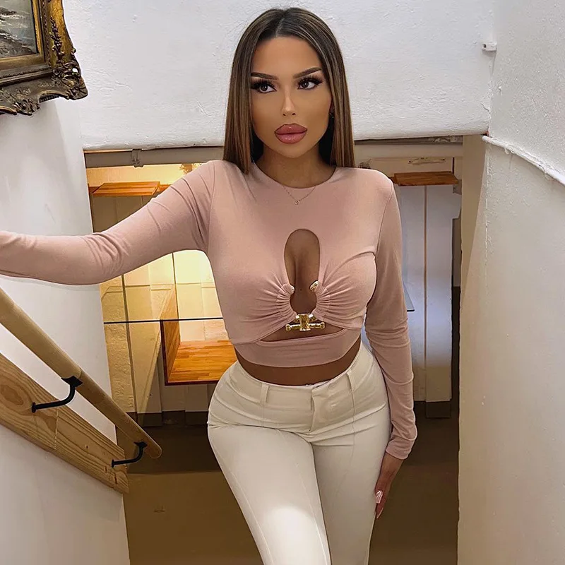 

Женская футболка с круглым вырезом, длинным рукавом и перфорацией, Осень-зима 2022