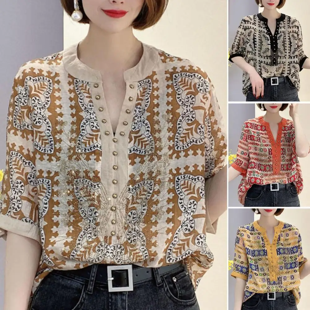 

3D Cutting Sweat Absorbing Ethnic Style Loose Temperament Shirt Top Workwear