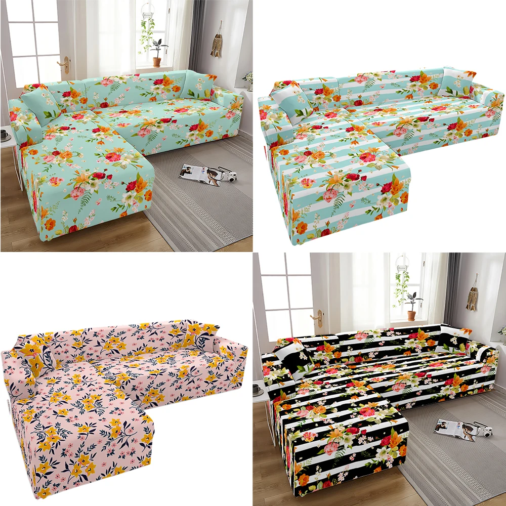 

Floral pattern living room sofa cover, modular L-shaped flower color decorative sofa cover, pastoral style decorative sofa cover