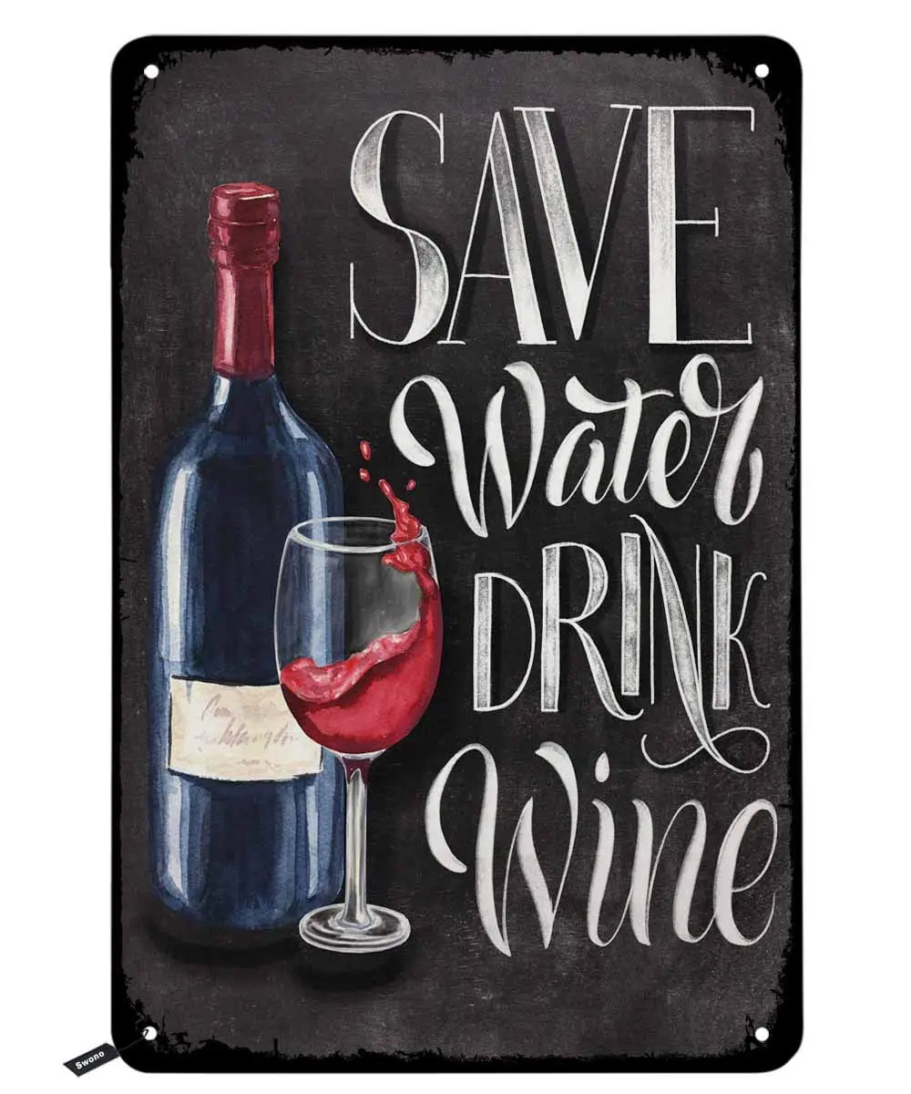 

Save Water Drink Wine Tin Signs,Bottle and Glass on Black Chalkboard Background Vintage Metal Tin Sign for Men Women,Wall Decor