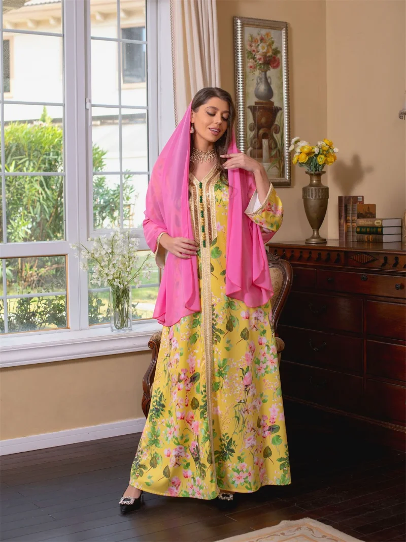 Spring Ethnic Floral Printed Long Dresses Musilim Fashion Diamonds V-Neck Lace Tape Dress Eid Mubarak Modest Clothing Women