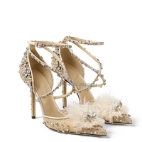 lace rhinestone flower high heels pointed toe stiletto ankle strap european style feather flower head sexy elegant high heels